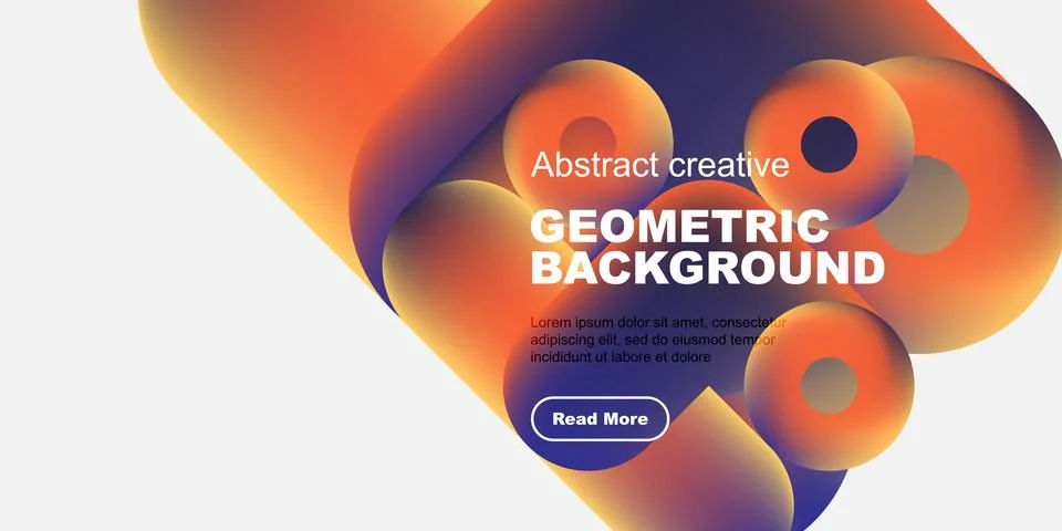 Abstract geometric background features vibrant colors, fluid shapes, text, Stock Illustration
