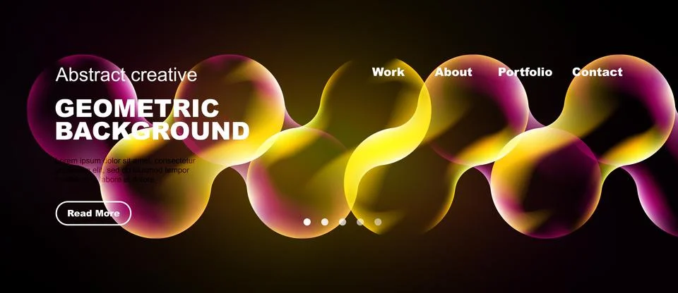 Abstract geometric background features vibrant curves, text, navigation menu. Illustrazione stock