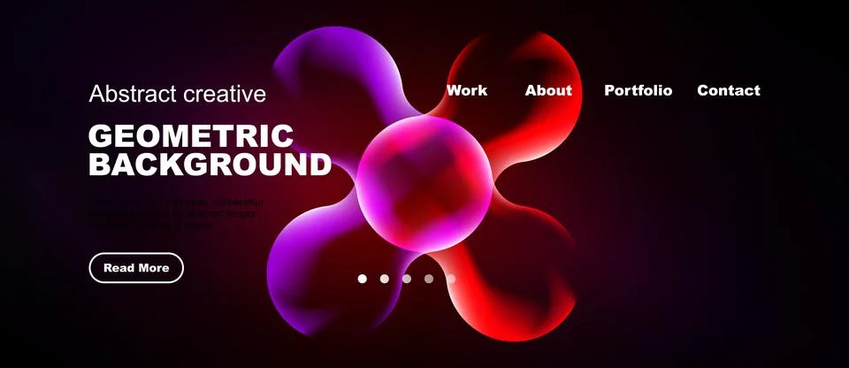 Abstract geometric background features vibrant blobs, text, navigation menu. Ilustración de archivo