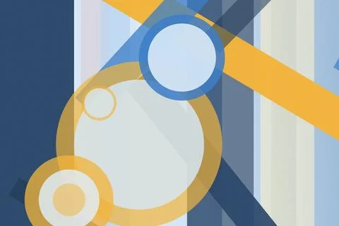 Abstract geometric background with layered circles and arcs in blue, gold, .. Stock Illustration