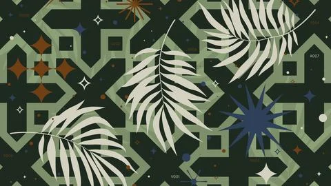 Abstract geometric background with a pattern of crosses and tropical leaves.. Stock Illustration