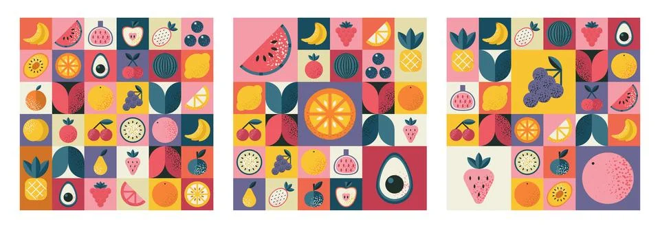 Abstract geometric Bauhaus patterns set with fruits. Stock Illustration