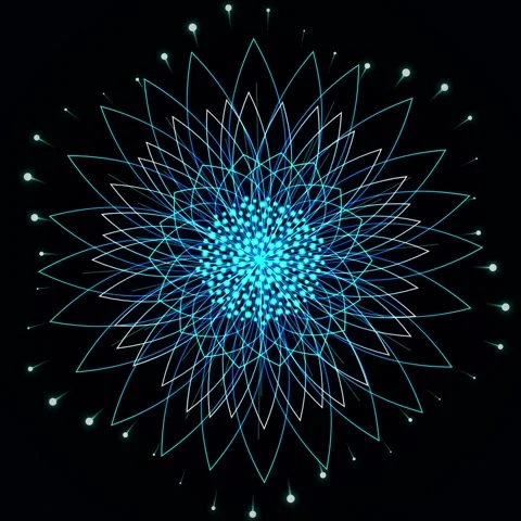 Abstract Geometric Blue Flower Mandala Bloom Animation with Glowing Particles Stock Footage 346283753