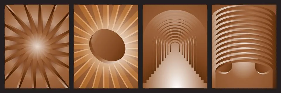 Abstract geometric brown backgrounds set with radial lines and archway patter 库存插图