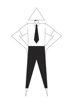 Abstract geometric businessman with triangular head bw 2D line character Stock Illustration