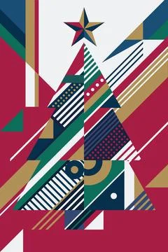 Abstract geometric Christmas tree on red background modern retro style vert.. Stock Illustration