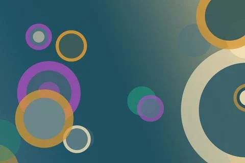 Abstract geometric circles float over a teal background in teal, purple, an.. Ilustração Stock