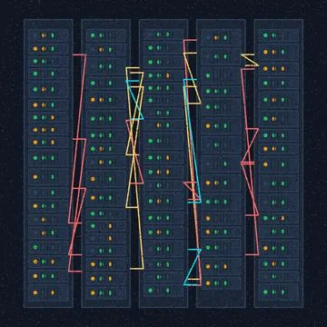 Abstract geometric circuit board pattern with neon lines and dots on dark b.. Stock Illustration