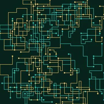 Abstract geometric circuit pattern with interconnected lines and dots on da.. Stock Illustration