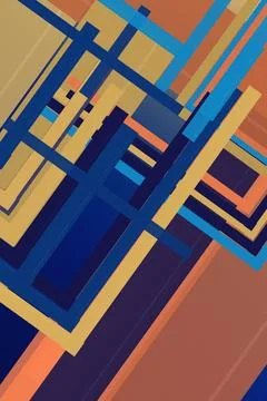 Abstract geometric cityscape pattern with interlocking bars in bold blue, o.. 库存插图