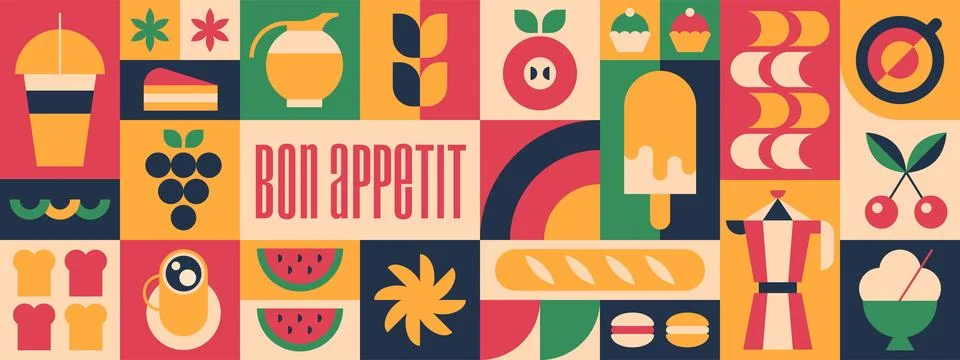 Abstract geometric coffee pattern with bakery, fruits, cup of drink and bauhaus Stock Illustration