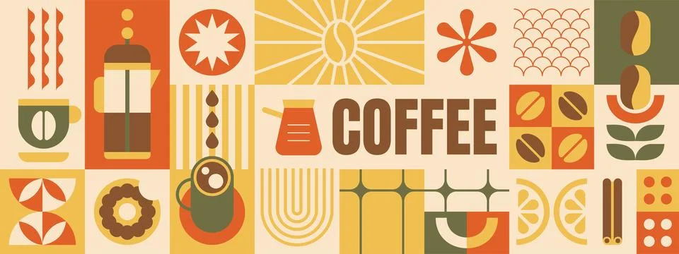 Abstract geometric coffee pattern with beans, drink cup, plant leaves イラスト素材