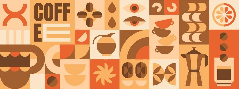 Abstract geometric coffee pattern with beans, drink cup, simple bauhaus elements Illustrazione stock