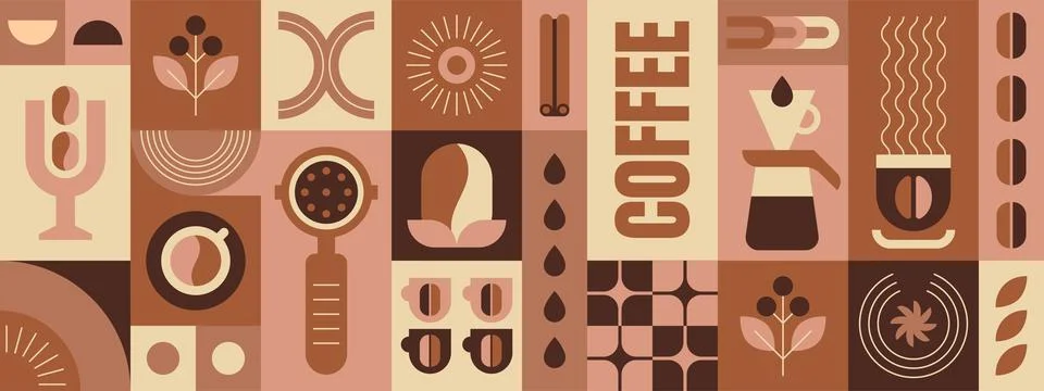 Abstract geometric coffee pattern with beans, drink cup, simple bauhaus elements Illustrazione stock