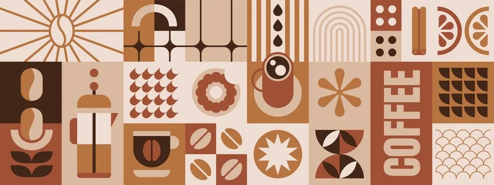Abstract geometric coffee pattern with beans, drink cup, simple bauhaus elements Stock Illustration