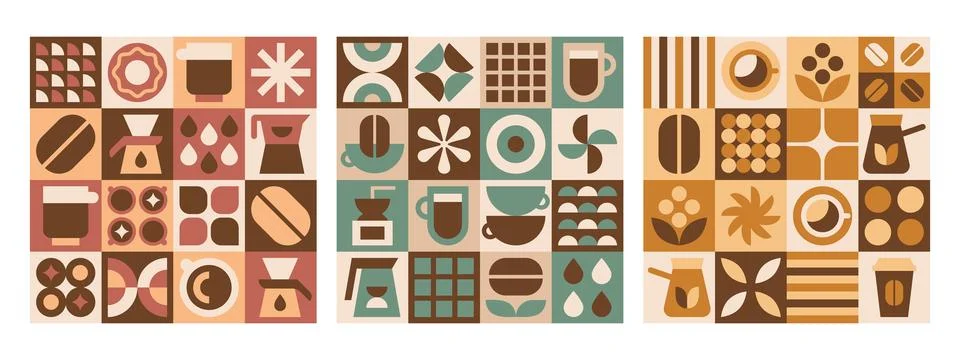 Abstract geometric coffee pattern with beans, drinks and bakery simple bauhaus 스톡 일러스트