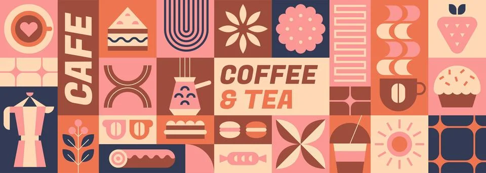 Abstract geometric coffee pattern with beans, drinks and bakery simple bauhaus Illustrazione stock