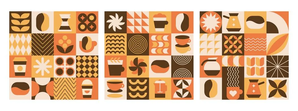 Abstract geometric coffee pattern with beans, drinks and simple bauhaus elements Illustrazione stock