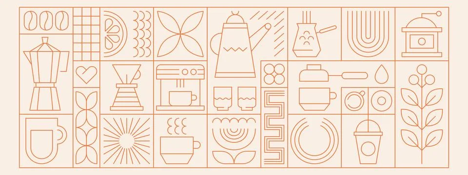Abstract geometric coffee pattern with line art elements in minimalist style Illustrazione stock