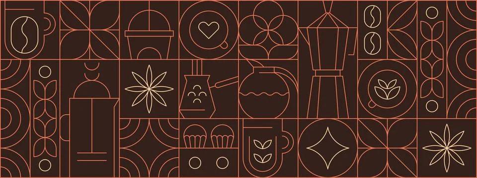 Abstract geometric coffee pattern with line art elements in minimalist style Illustrazione stock