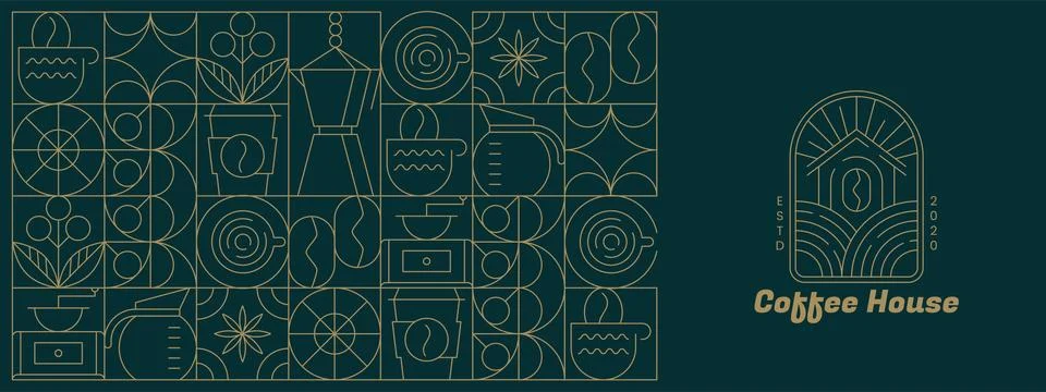 Abstract geometric coffee pattern with line art elements in minimalist bauhaus Stock Illustration