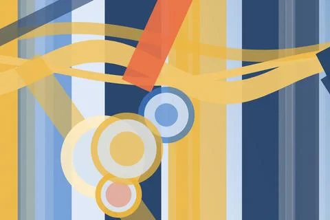 Abstract geometric collage features bold circles and ribbon-like bars in bl.. Stock Illustration