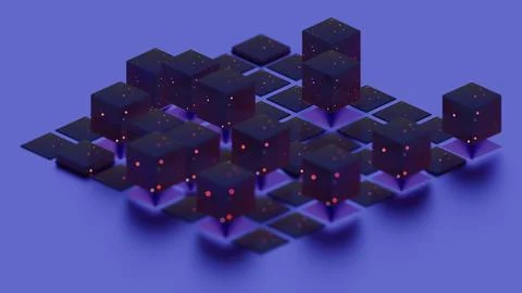 Abstract geometric composition with blue cubes and grid pattern.. Stock Illustration