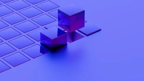 Abstract geometric composition with blue cubes and grid pattern.. Stockillustratie