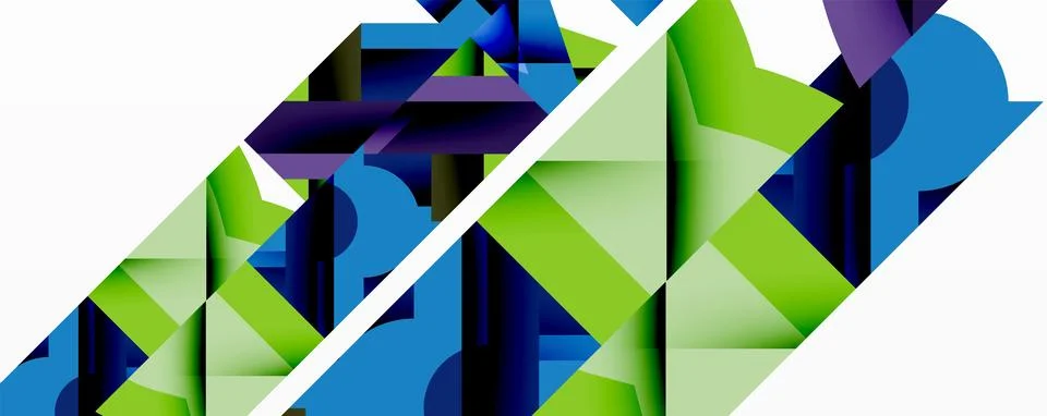 Abstract geometric composition. Blue, green, purple shapes intersect with white Illustrazione stock