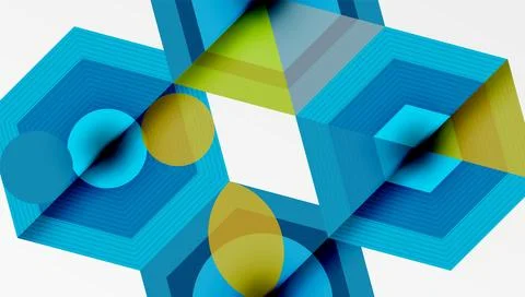 Abstract geometric composition. Blue, green, gold shapes intersect, creating 스톡 일러스트