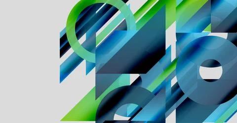 Abstract geometric composition. Blue, green shapes overlap, creating dynamic Stock Illustration