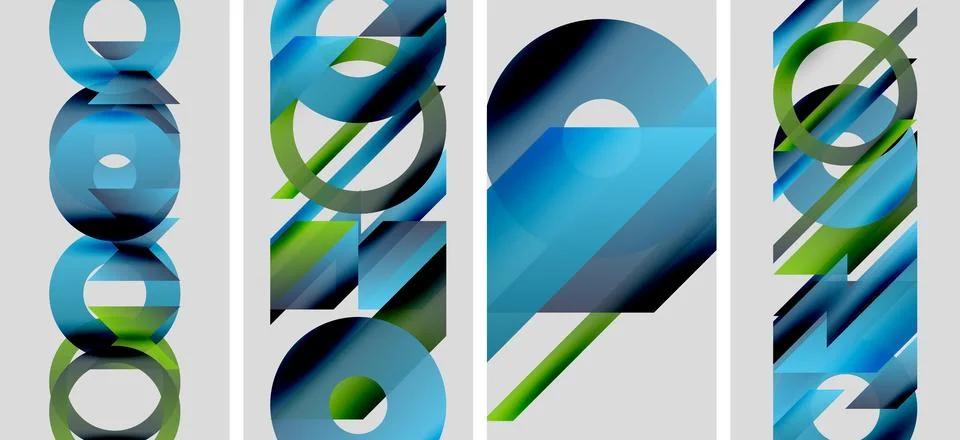 Abstract geometric composition. Blue, green hues dominate, layered shapes create 스톡 일러스트