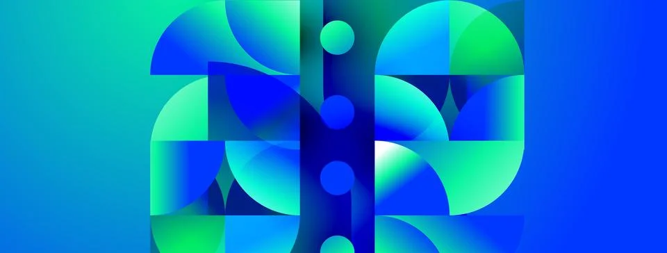 Abstract geometric composition. Blue, green gradients create dynamic shapes. Stock Illustration