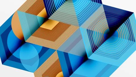 Abstract geometric composition. Blue, orange, gold shapes intersect. Lines Stock Illustration
