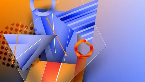 Abstract geometric composition. Blue, orange, red shapes intersect. Lines create Stock Illustration