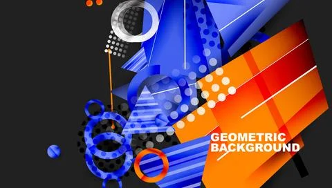 Abstract geometric composition. Blue, orange elements overlap dark background. Stock Illustration