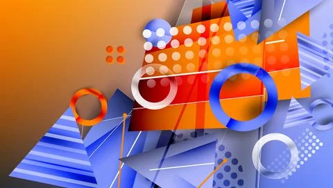 Abstract geometric composition. Blue, orange hues dominate. Shapes overlap, Stockillustratie