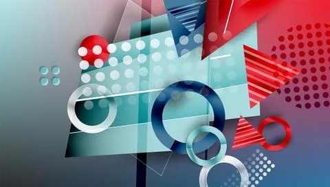 Abstract geometric composition. Blue, red, silver shapes overlap creating Stockillustratie