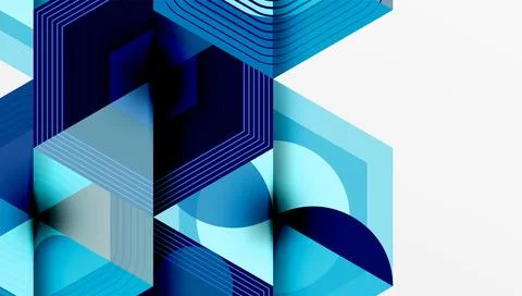 Abstract geometric composition. Blue shades create layered shapes, lines, curves Stock Illustration