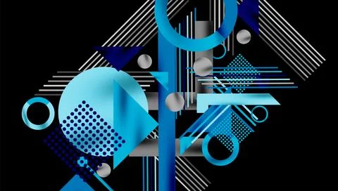 Abstract geometric composition. Blue, silver shapes overlap, creating dynamic Stock Illustration