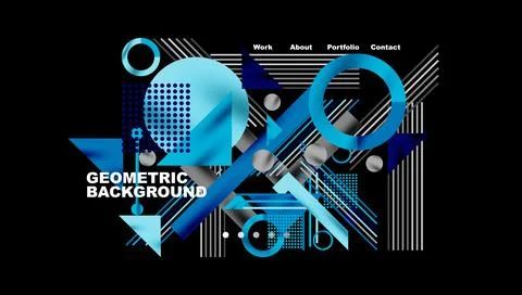 Abstract geometric composition. Blue, white shapes overlap black background. Stock Illustration