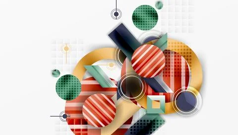 Abstract geometric composition. Circles, rectangles overlap creating dynamic Illustrazione stock