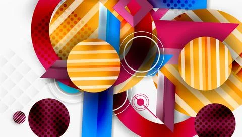 Abstract geometric composition. Circles, rectangles overlap creating vibrant Illustrazione stock