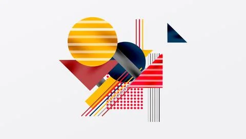 Abstract geometric composition. Circles, rectangles, triangles overlap. Stripes, Illustrazione stock