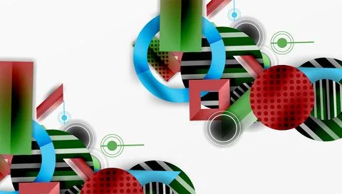 Abstract geometric composition. Circles, squares, rectangles overlap. Red, green 스톡 일러스트