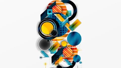 Abstract geometric composition. Circles, squares, rectangles overlap creating 스톡 일러스트