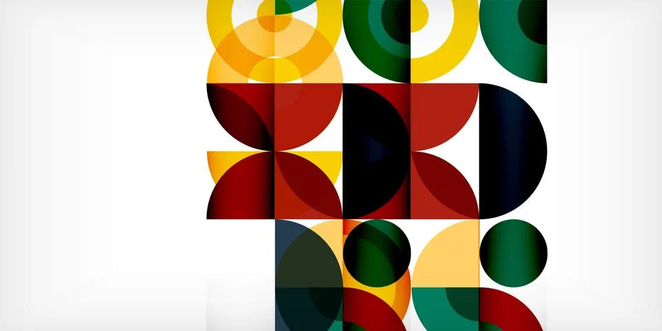 Abstract geometric composition. Circles, squares create colorful pattern. Modern 库存插图