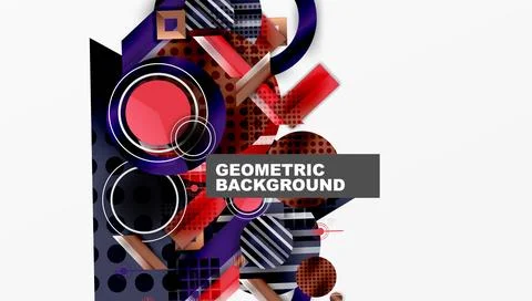 Abstract geometric composition. Circles, squares, rectangles overlap. Red, blue, 스톡 일러스트