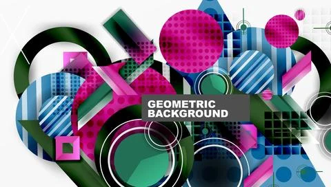 Abstract geometric composition. Circles, squares, rectangles overlap. Vivid 스톡 일러스트