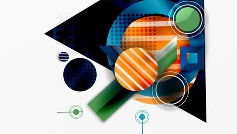 Abstract geometric composition. Circles, squares, lines create dynamic visual Illustrazione stock